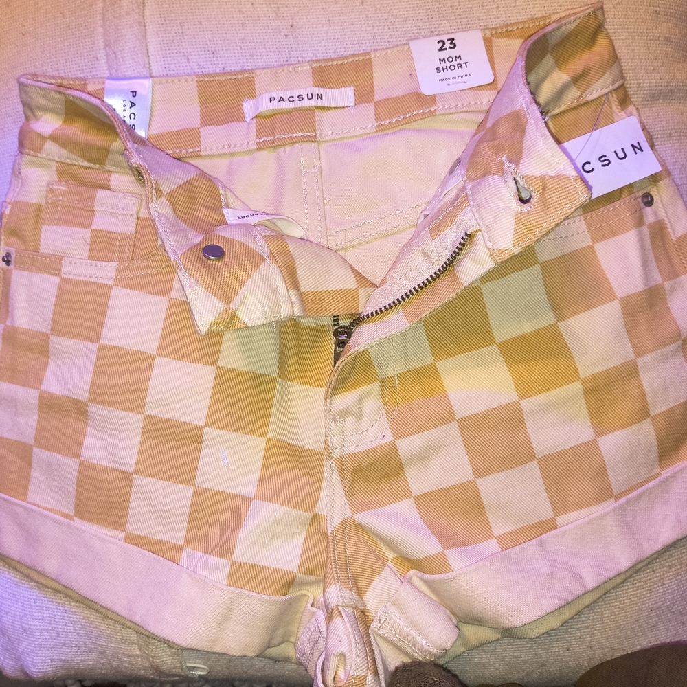 PacSun Women's Checkered Jean Shorts - Cream and Tan (Sz. 24 XS)